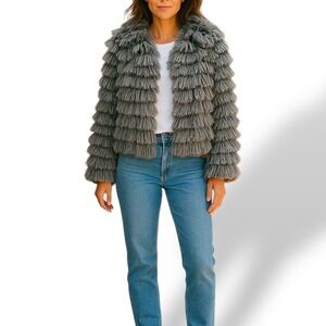 ee:some Fringe Shag Jacket Statement Open Front Gray Festival Grunge Y2K Medium